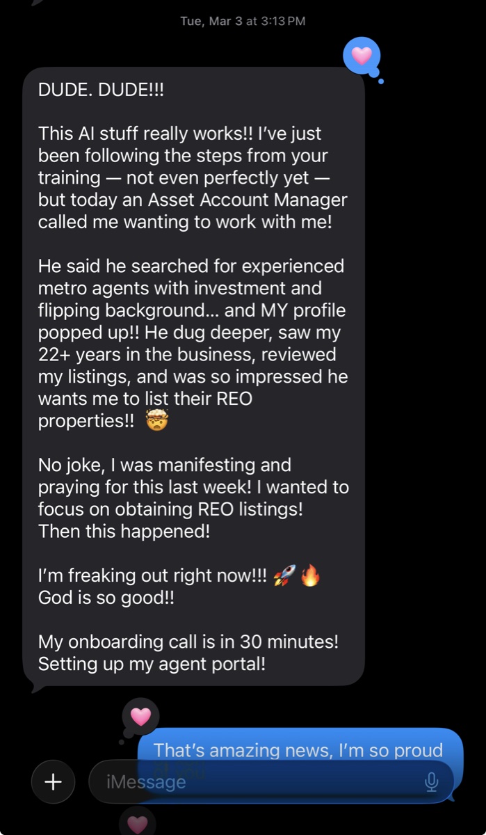 iMessage from a Pemberton agent saying an Asset Account Manager found her profile via AI and wants her to list REO properties