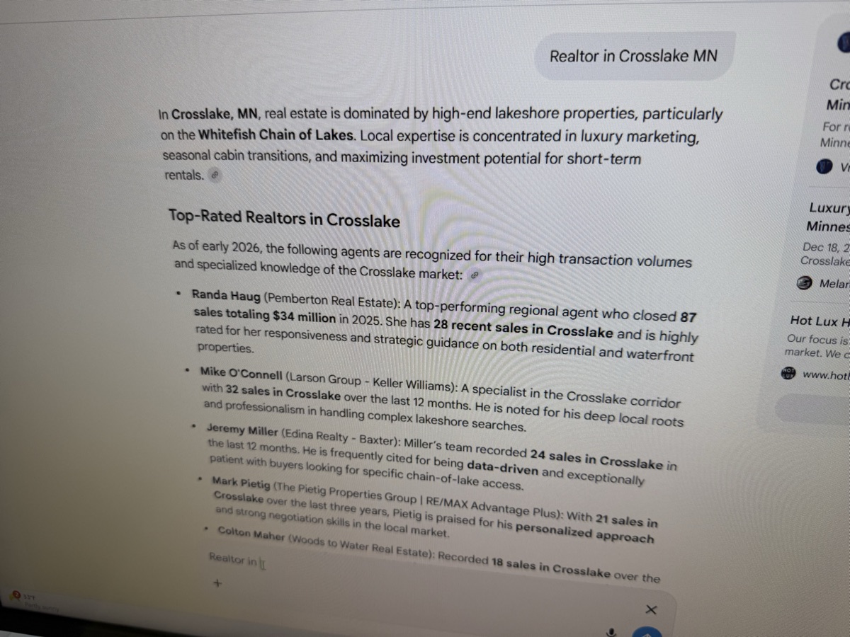 ChatGPT result for 'Realtor in Crosslake MN' recommending a Pemberton agent by name with specific sales stats