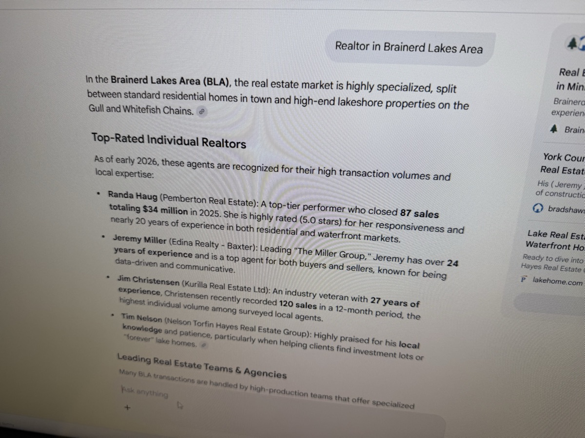ChatGPT result for 'Realtor in Brainerd Lakes Area' recommending the same Pemberton agent again