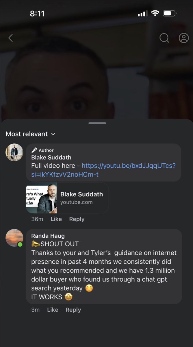 YouTube comment from Randa Haug: 'we have 1.3 million dollar buyer who found us through a chat gpt search. IT WORKS.'